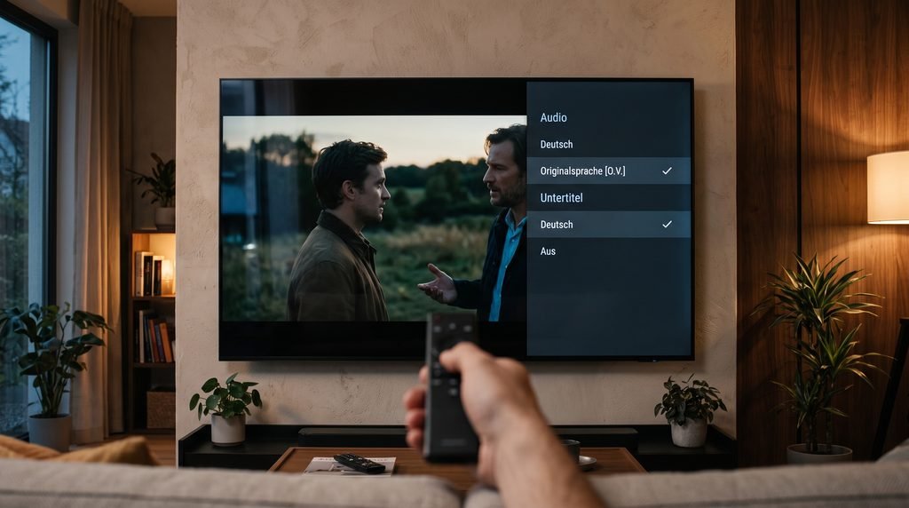Sprachmenü auf einem Fernseher mit ausgewähltem Originalton und deutschen Untertiteln.