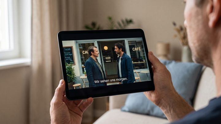 iptv abo Eine Person schaut einen Film mit gut lesbaren deutschen Untertiteln auf einem Tablet.